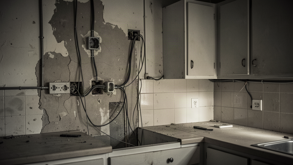 Kitchen mid-rewire, old wiring exposed