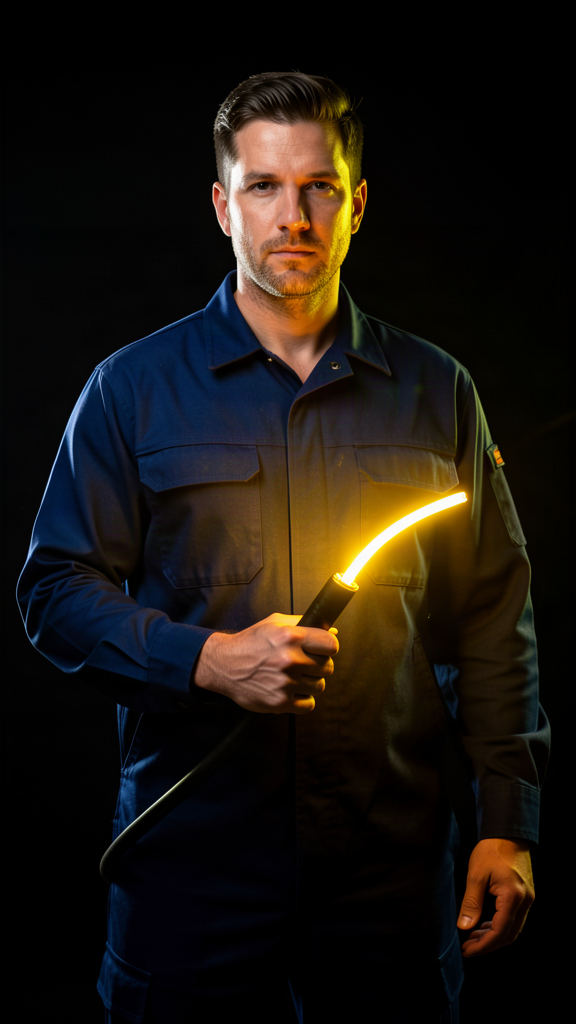 Volt & Co. electrician in navy uniform holding glowing electrical conduit